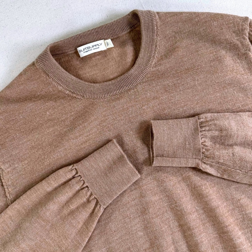 Suitsupply Mens Merino Wool Crewneck Sweater Tan Brown Size L Fine Knit Layering